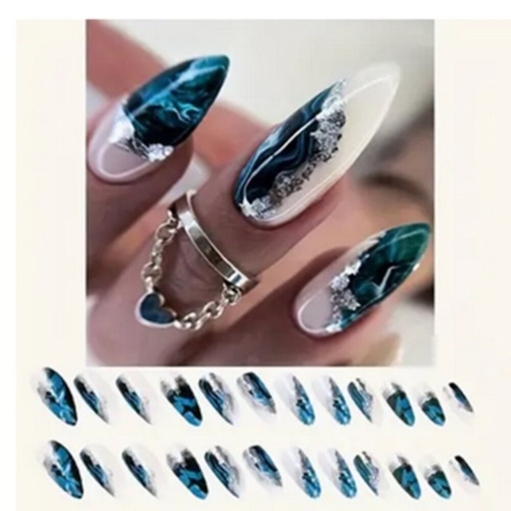 NWT Press On Nails Fall Deep Aqua Silver White Fake False Nails